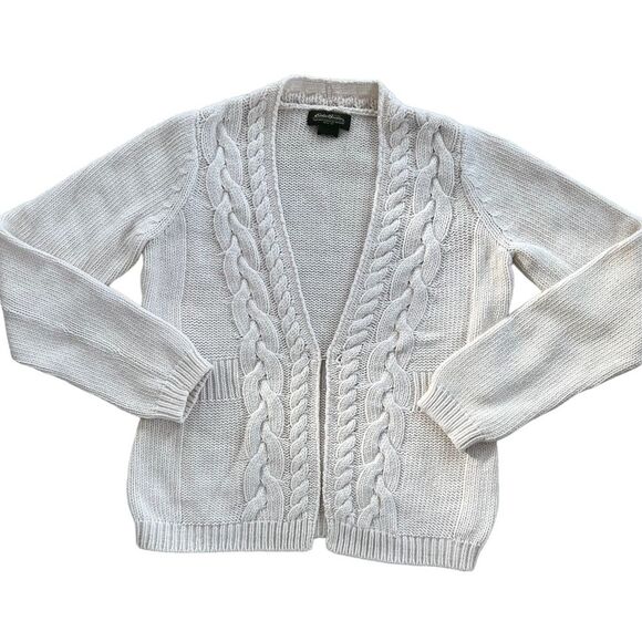 Eddie Bauer Cable Knit Soft  Ivory Long Sleeve One Hook Cardigan Sweater - Picture 1 of 10